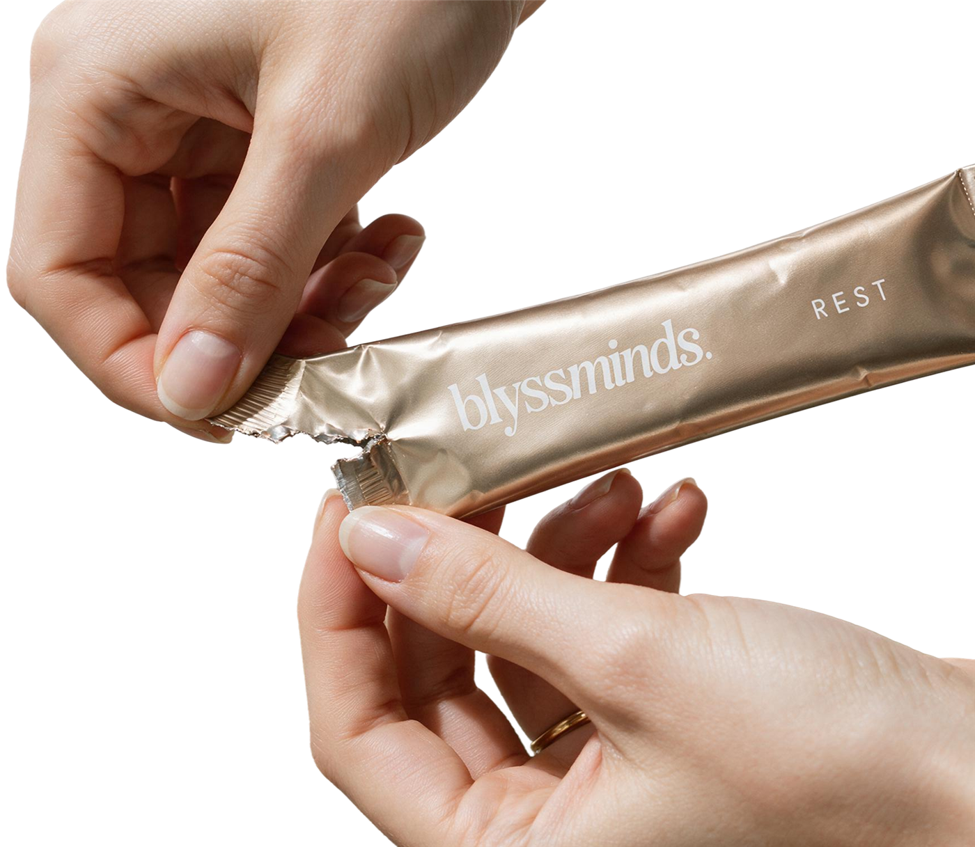 Blyssminds Rest single-serve sachet being torn open